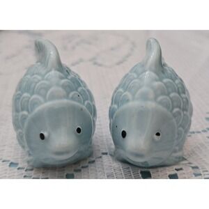 Blue Fish Salt And Pepper Vintage Glossy Ceramic. Un-used Hand Painted